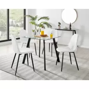 Furniturebox Seattle Glass and Black Metal Leg Square Dining Modern Industrial Dining Table & 4 White Corona Faux Leather Dining Chairs with Black