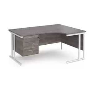 Maestro 25 right hand ergonomic desk 1600mm wide with 3 drawer pedestal - white cantilever leg frame and grey oak top