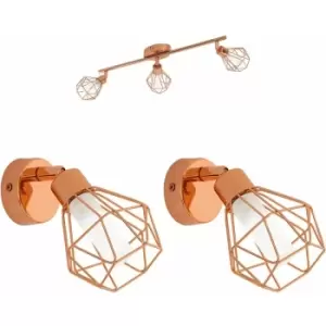 Ceiling Spot Light & 2x Matching Wall Lights Copper Geometric Wire Cage Shade