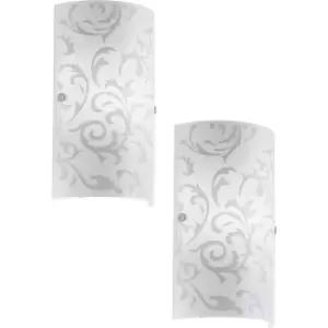 2 PACK Wall Light Colour Satin Nickel Shade White Glass Printed Bulb E14 1x60W