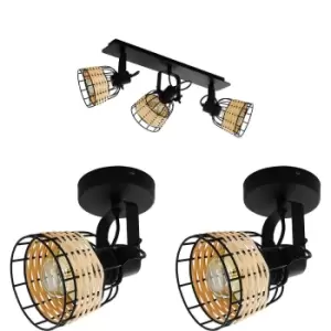 Ceiling Spot Light & 2x Matching Wall Lights Black & Wicker Adjustable Shade