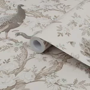 Laura Ashley Belvedere Soft Truffle Peacock Smooth Wallpaper