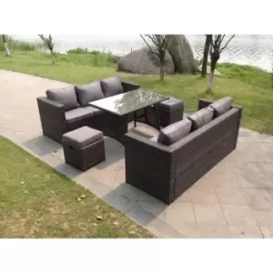 Fimous 6 Seater Outdoor Dark Grey Rattan Lounge Complete Sofa Set with Large Dining Table and 2 Stools