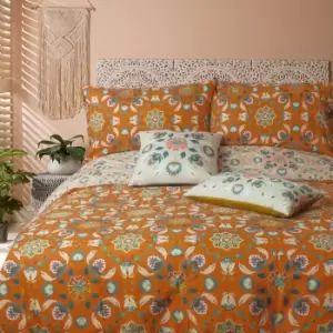 Furn. Folk Floral Print Cushion Orange/Green/Yellow