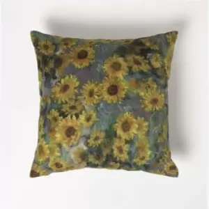 HOMESCAPES Van Gogh Sunflowers Filled Velvet Cushion 46 x 46cm - Taupe