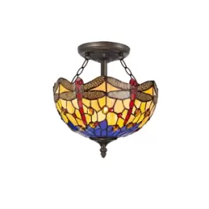 2 Light Semi Flush Ceiling E27 With 30cm Tiffany Shade, Blue, Orange, Crystal, Aged Antique Brass