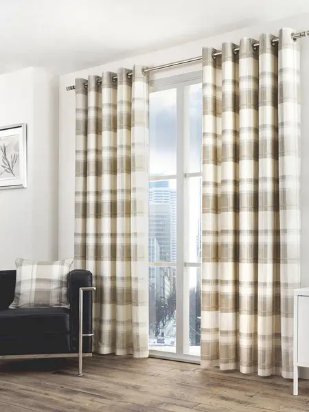 Fusion Balmoral Check 100% Cotton Eyelet Lined Curtains, Natural, 90 x 90" - Fusion BCKNL90906LZU