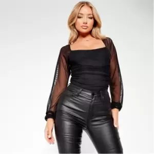 I Saw It First Mesh Puff Sleeve Square Neck Bodysuit - Black