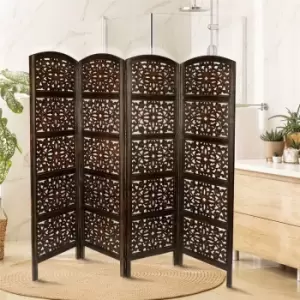 Topfurnishing - 4 Panel Heavy Duty Carved Indian Screen Wooden Flower Design Screen Room Divider 183x50cm per panel, wide open 202cm [Dark Brown]