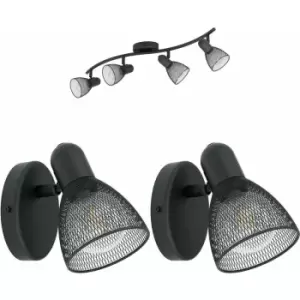 Quad Ceiling Spot Light & 2x Matching Wall Lights Black Mesh Adjusatble Head