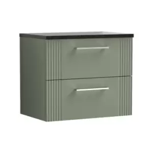 Nuie Deco Satin Green 600mm Wall Hung 2 Drawer Vanity Unit with Sparkling Black Laminate Worktop - DPF893LSB - Satin Green