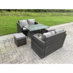 Fimous 4 Seater Outdoor Dark Grey Rattan Lounge Complete Sofa Set with Oblong Dining Table and Stool