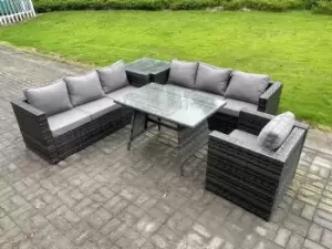 Fimous 7 Seater Outdoor Dark Grey Rattan Lounge Complete Sofa Set with Dining Table and Side Table