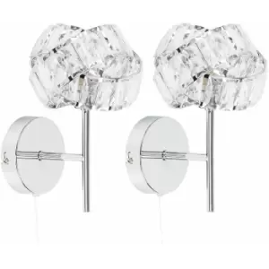 Minisun - 2 x Chrome & Clear Acrylic Jewel Intertwined Rings Pull Switch Wall Lights - No Bulbs