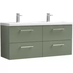 Nuie Arno Satin Green 1200mm Wall Hung 4 Drawer Vanity Unit with Twin Polymarble Basin - ARN824F - Satin Green