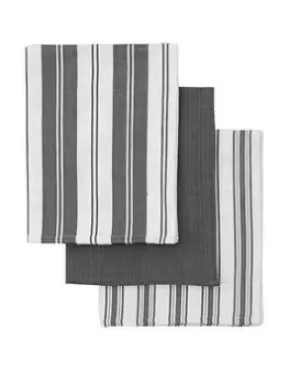 Hometown Interiors Set Of 3 Organic Cotton Striped Tea Towels - Charcoal