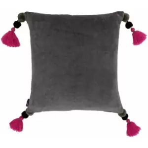 Riva Paoletti - Poonam Faux Velvet Pom Pom Tasselled Cushion Cover, Mink/Damson, 45 x 45 Cm