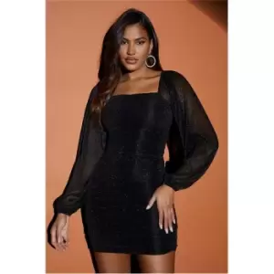 I Saw It First Glitter Plisse Square Neck Puff Sleeve Ruched Bodycon Dress - Black