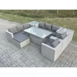 Fimous 8 Seater Outdoor Rattan Dining Sofa Complete Set with Adjustable Table, 2 Side Tables and Big Footstool