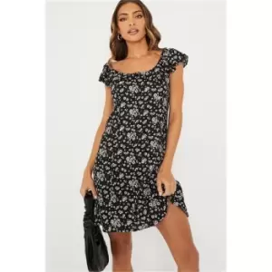 I Saw It First Black Woven Floral Frill Bardot Shift Dress - Black