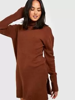 Boohoo Roll Neck Oversized Jumper Dress - Brown, Size 10, Women