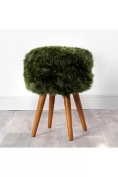 Olive Green Sheepskin Wood Stool - Woodstain