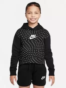 Nike Junior NSW Fleece All-Over Print Hoodie - Black/White, Size Xs=6-8 Years, Women