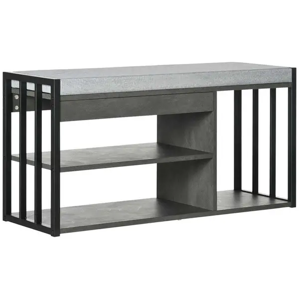 HOMCOM Upholstered Entryway Shoe Bench With Storage Open Shelves Grey