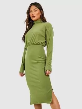 Boohoo Soft Rib Roll Neck Midi Dress - Khaki, Green, Size 14, Women