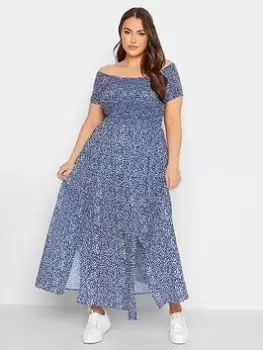 Yours Shirred Bardot Dress Colbalt Ditsy, Blue, Size 34-36, Women