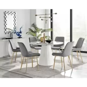 Furniturebox Palma White Marble Effect 120cm Round Minimalist Dining Table & 6 Grey Pesaro Gold Leg Velvet Chairs