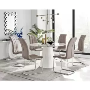 Furniturebox Palma White Marble Effect 120cm Round Minimalist Dining Table & 6 Cappuccino Murano Silver Leg Faux Leather Chairs