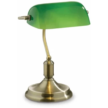 Ideal Lux Lawyer - 1 Light Banker Table Lamp Antique Brass with Green Glass Shade, E27