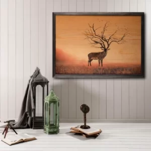 Stag Tree Multicolor Decorative Framed Wooden Painting