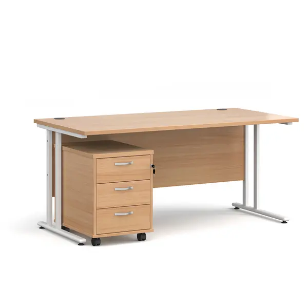 Maestro 25 Straight Desk White Frame Beech Table Top and 3 Drawer Pedestal - 1600mm