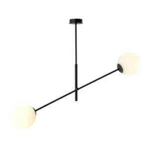 Linear Black Contemporary Pendant Ceiling Light with White Glass Shades, 2x E14