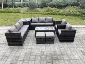 Fimous 9 Seater Outdoor Dark Grey Rattan Lounge Sofa Complete Set with Oblong Coffee Table, 2 Side Coffee Table, and 2 Stools