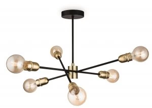 6 Light Multi Arm Semi Flush Light Black with Brushed Brass, E27