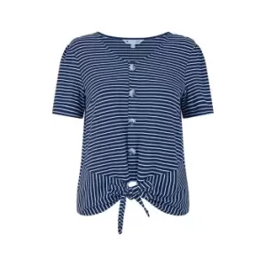 Yumi Navy Striped Jersey Button Detail Top - Blue