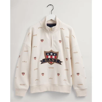 Gant Banner All Over Print Quarter Zip Sweatshirt Junior - Cream 130