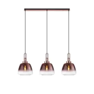 Yorktown Linear Ceiling Pendant 3 Light E27 With 28cm Trapezium Glass, Copper, Clear, Matt Black