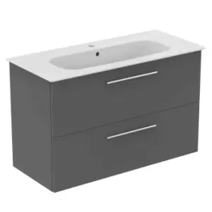 Ideal Standard I.life A 100Cm Matt Quartz Grey Wall Hung Vanity Unit, 104Cm White Vanity Basin And Chrome Handle Pack