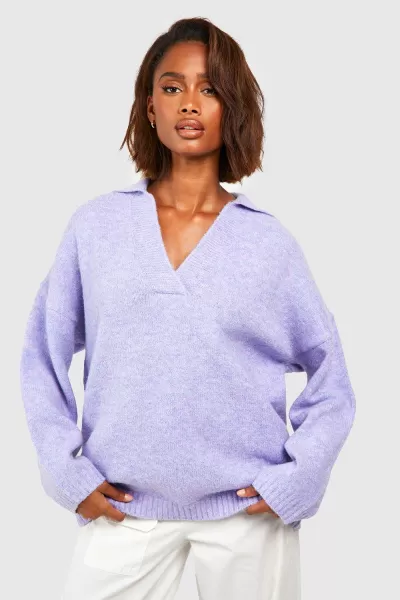 boohoo Soft Knit Overszied Polo Collar Jumper Blue