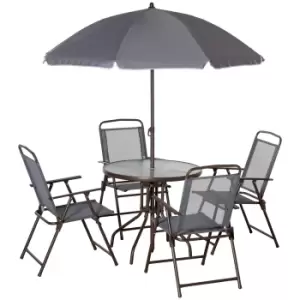 Outsunny 6 Piece Patio Dining Set with Umbrella, 4 Folding Dining Chairs & Round Tempered Glass Table for Garden, Backyard and Poolside, Brown