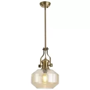 Luminosa Luiz Single Ceiling Pendant, E27, Round Champfered Glass, Antique Brass, Cognac