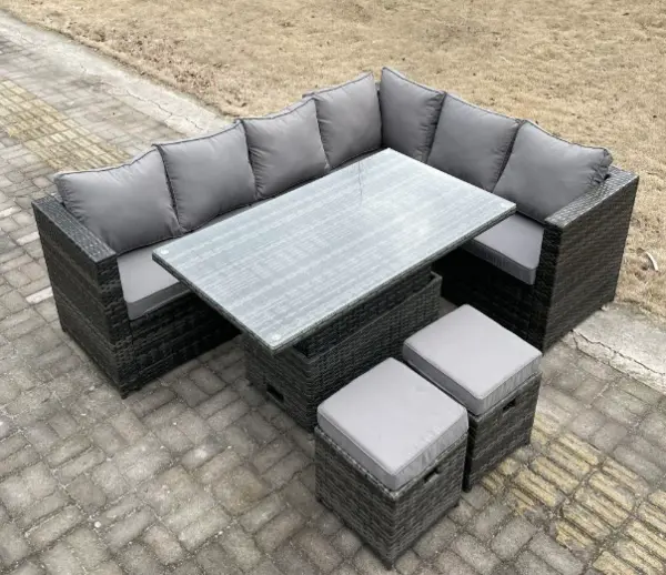 Fimous 6 Seater Outdoor Dark Grey Rattan Lounge Complete Sofa Set Right Side with Adjustable Dining Table and 2 Stools