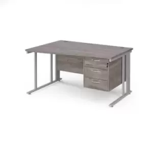 Maestro 25 left hand wave desk 1400mm wide with 3 drawer pedestal - silver cable managed leg frame and grey oak top