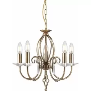 5 Bulb Chandelier Cut Glass Droplets Curved Stem Aged Brass LED E14 60W