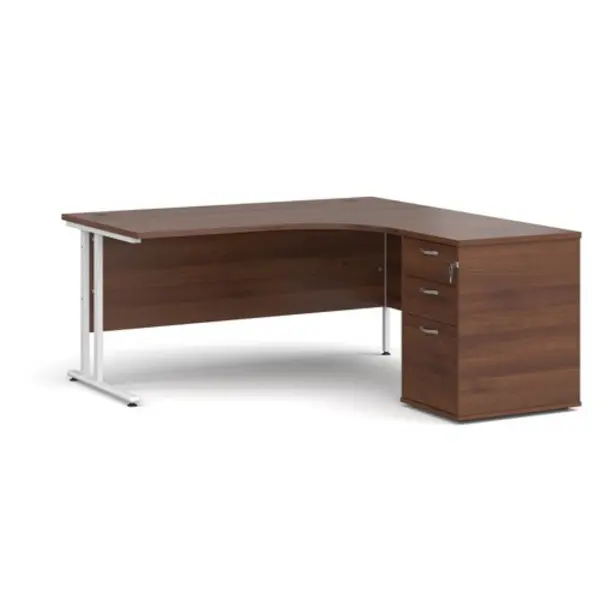 Office Desk Right Hand Corner Desk 1600mm With Pedestal Walnut Top With White Frame Maestro 25