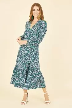 Green Daisy Print Wrap Midi Dress With Long Sleeves